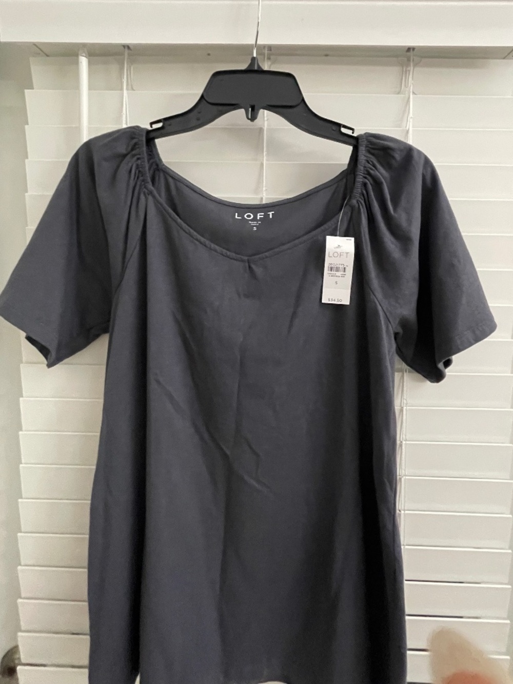 LOFT Gray Top with Gathered Shoulders, Size Small, Longer length sleeve. NWT